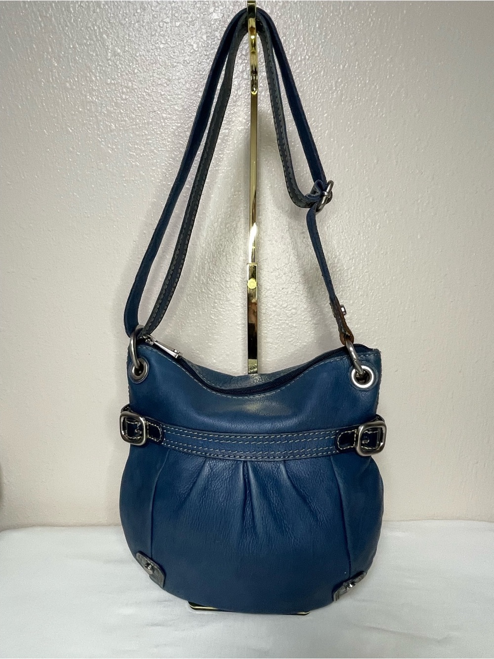 Vintage Fossil Sutton Crossbody Bag in Blue Pebbled Leather